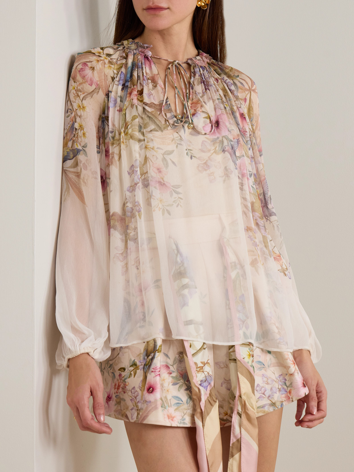 Zimmermann Rebellion Tie-detailed Gathered Chiffon Blouse In Pink