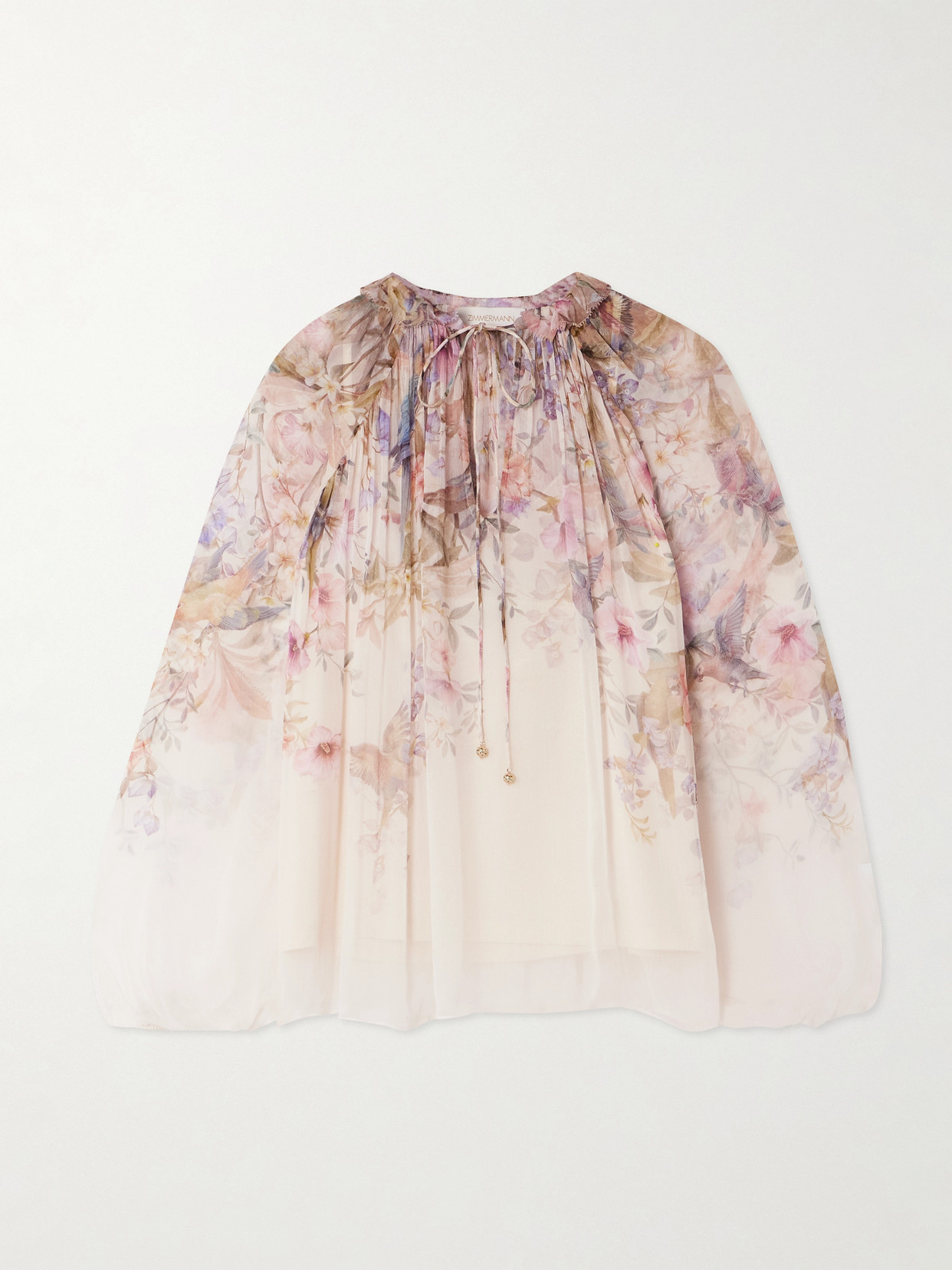 Zimmermann Rebellion Tie-detailed Gathered Chiffon Blouse In Pink