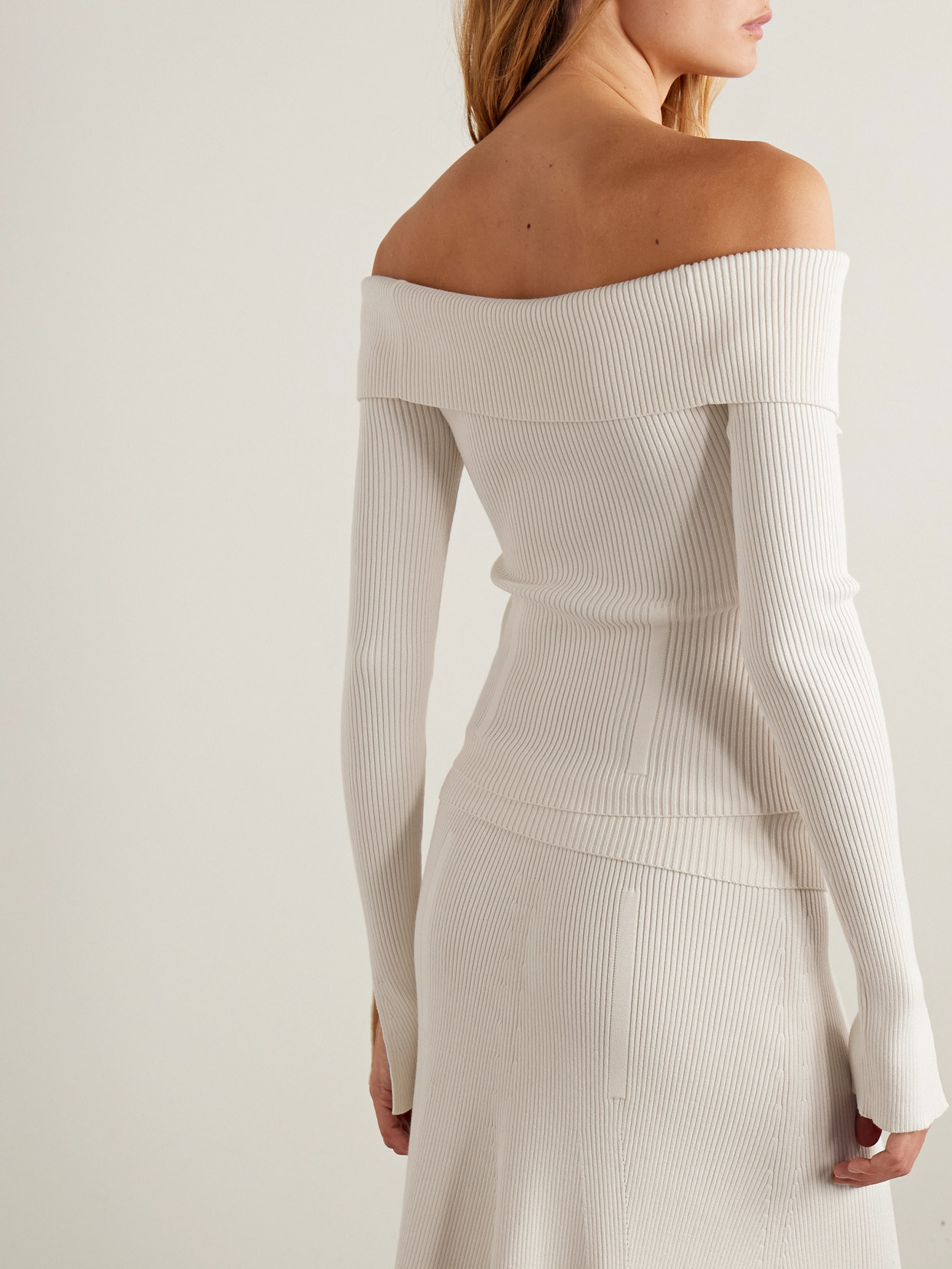 Zimmermann Off-the-shoulder Cotton-trimmed Ribbed-knit Cardigan In Red