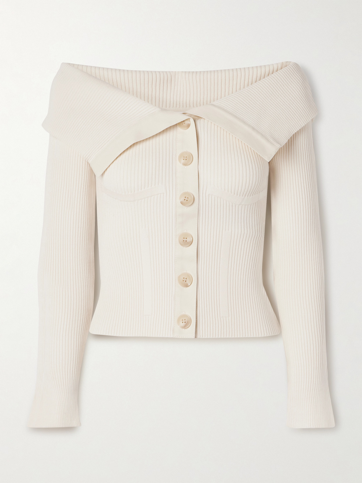 Zimmermann Off-the-shoulder Cotton-trimmed Ribbed-knit Cardigan In White
