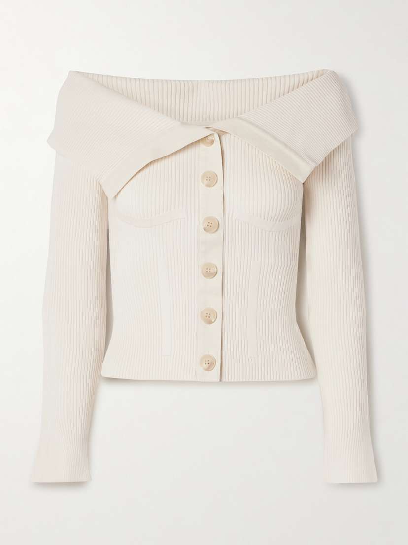 Zimmermann Off-the-shoulder Cotton-trimmed Ribbed-knit Cardigan