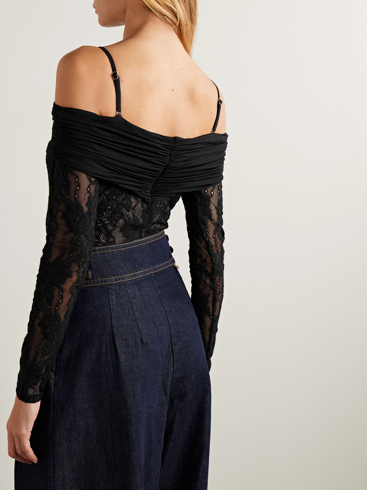 Zimmermann Off-the-shoulder Ruched Jersey And Stretch-lace Bodysuit In Black