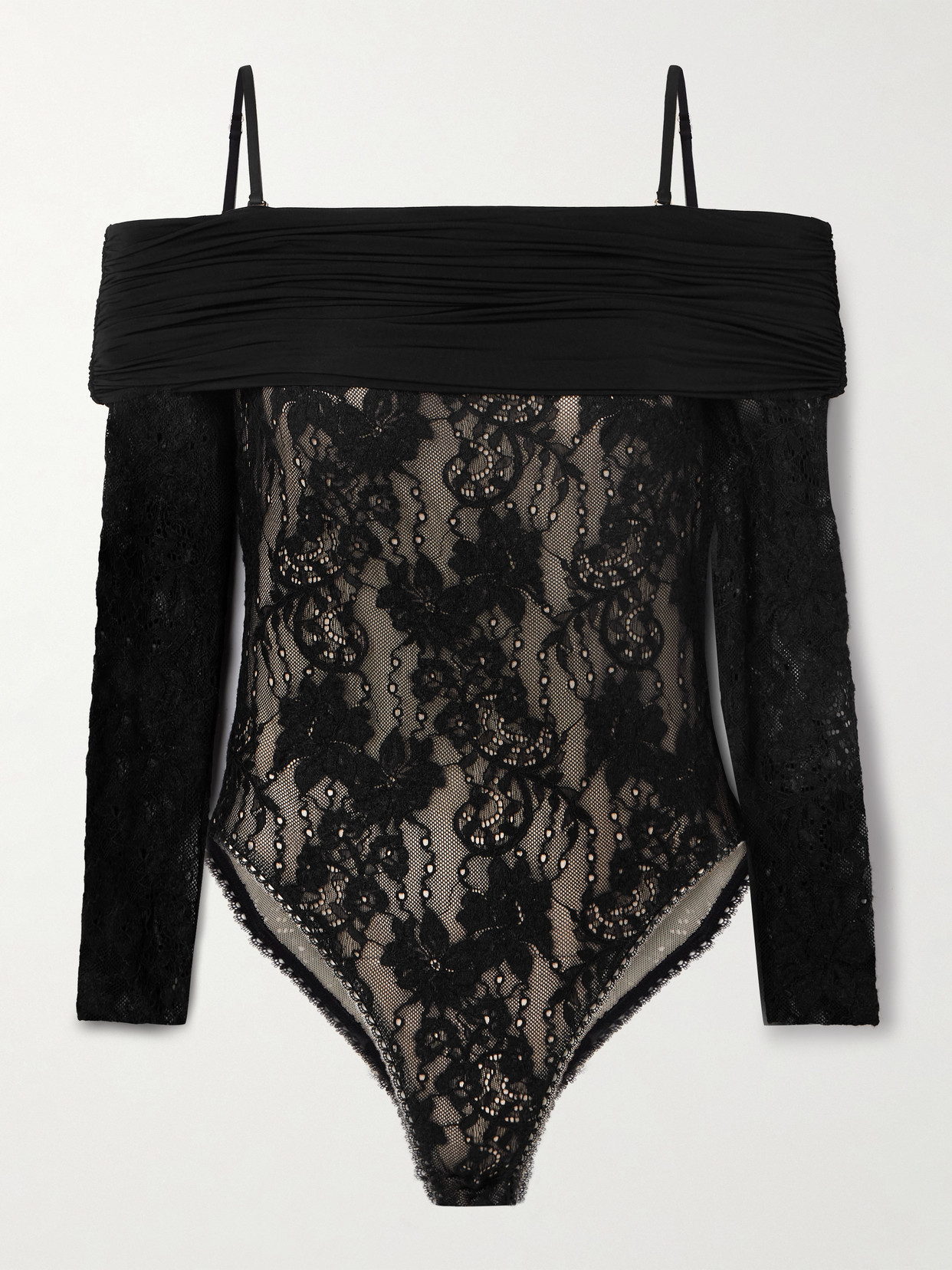 Zimmermann Off-the-shoulder Ruched Jersey And Stretch-lace Bodysuit In Black