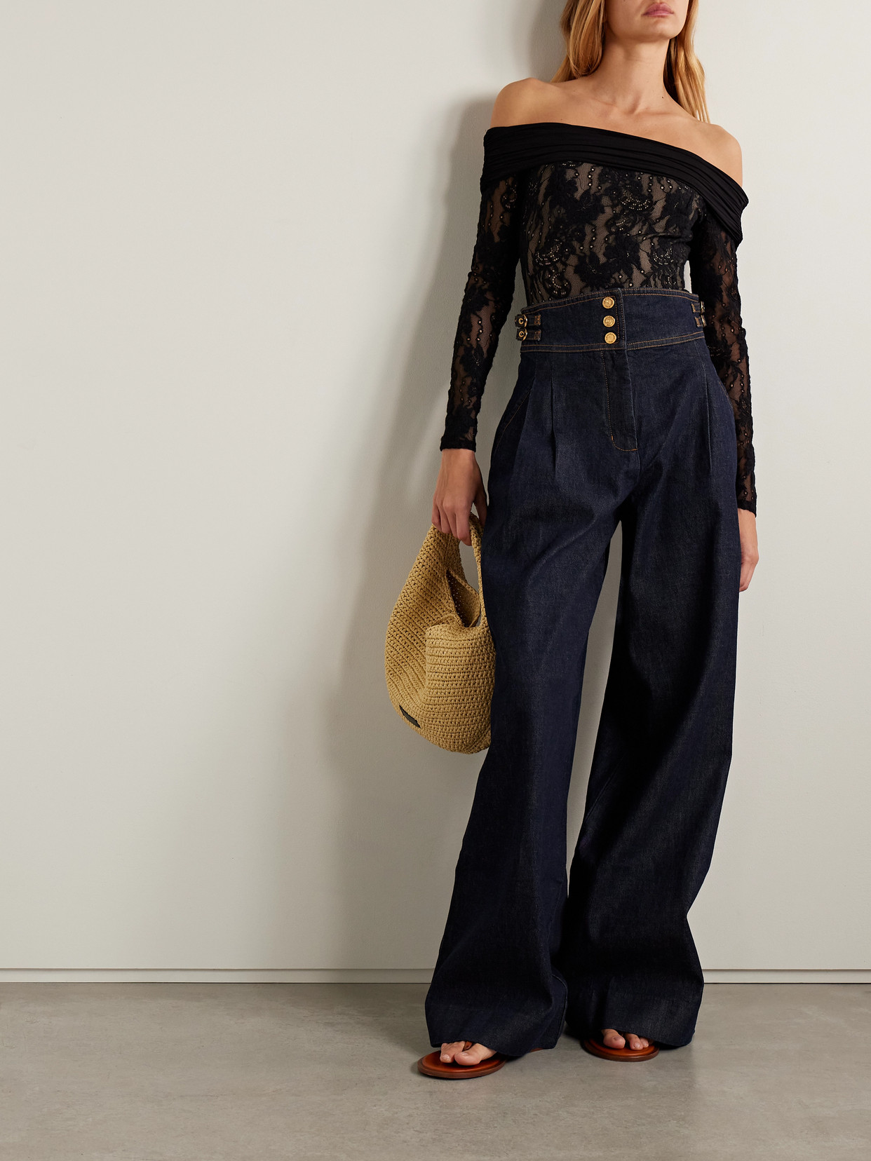 Zimmermann Off-the-shoulder Ruched Jersey And Stretch-lace Bodysuit In Black