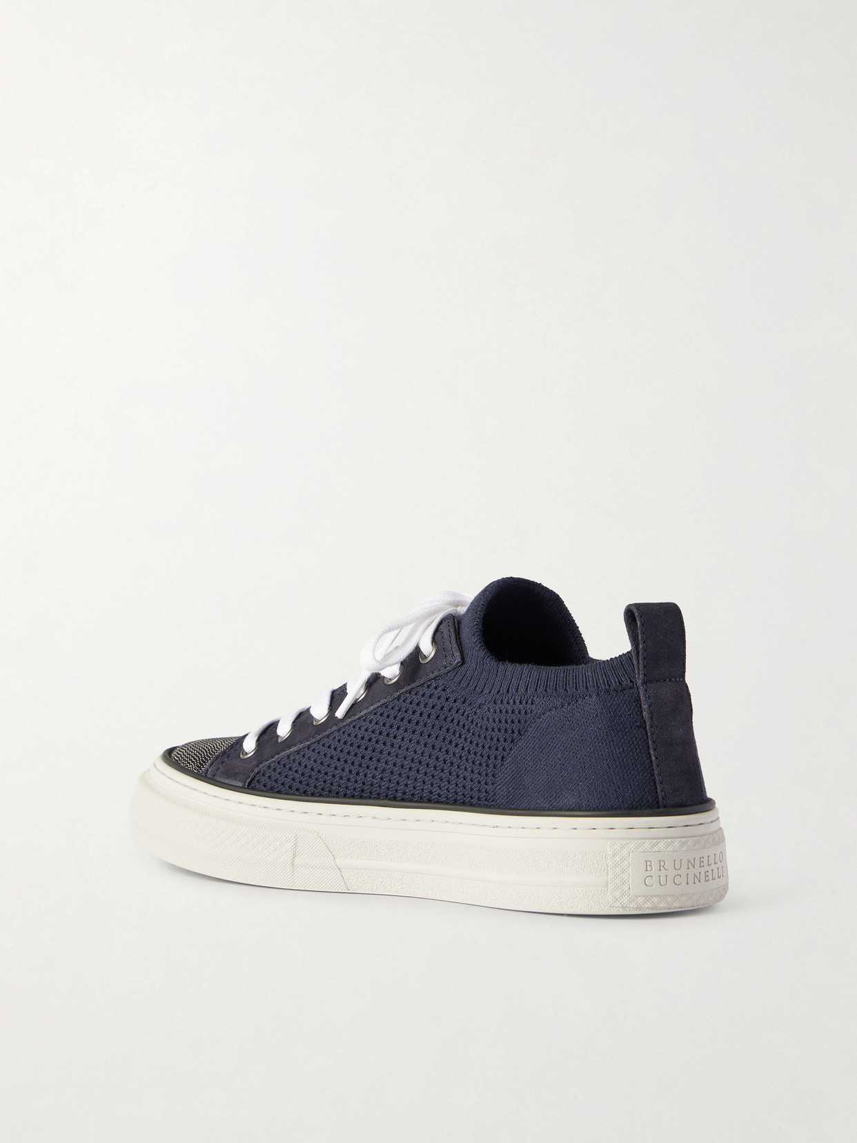 Brunello Cucinelli Bead-embellished Suede-trimmed Stretch-knit Sneakers In Blue