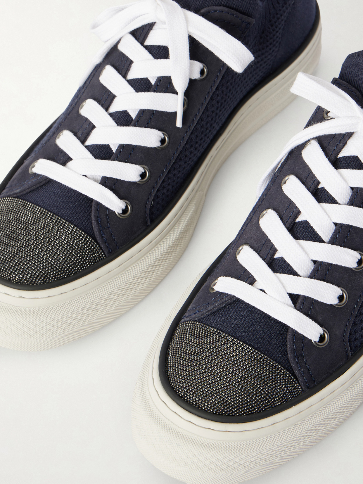 Brunello Cucinelli Bead-embellished Suede-trimmed Stretch-knit Sneakers In Blue