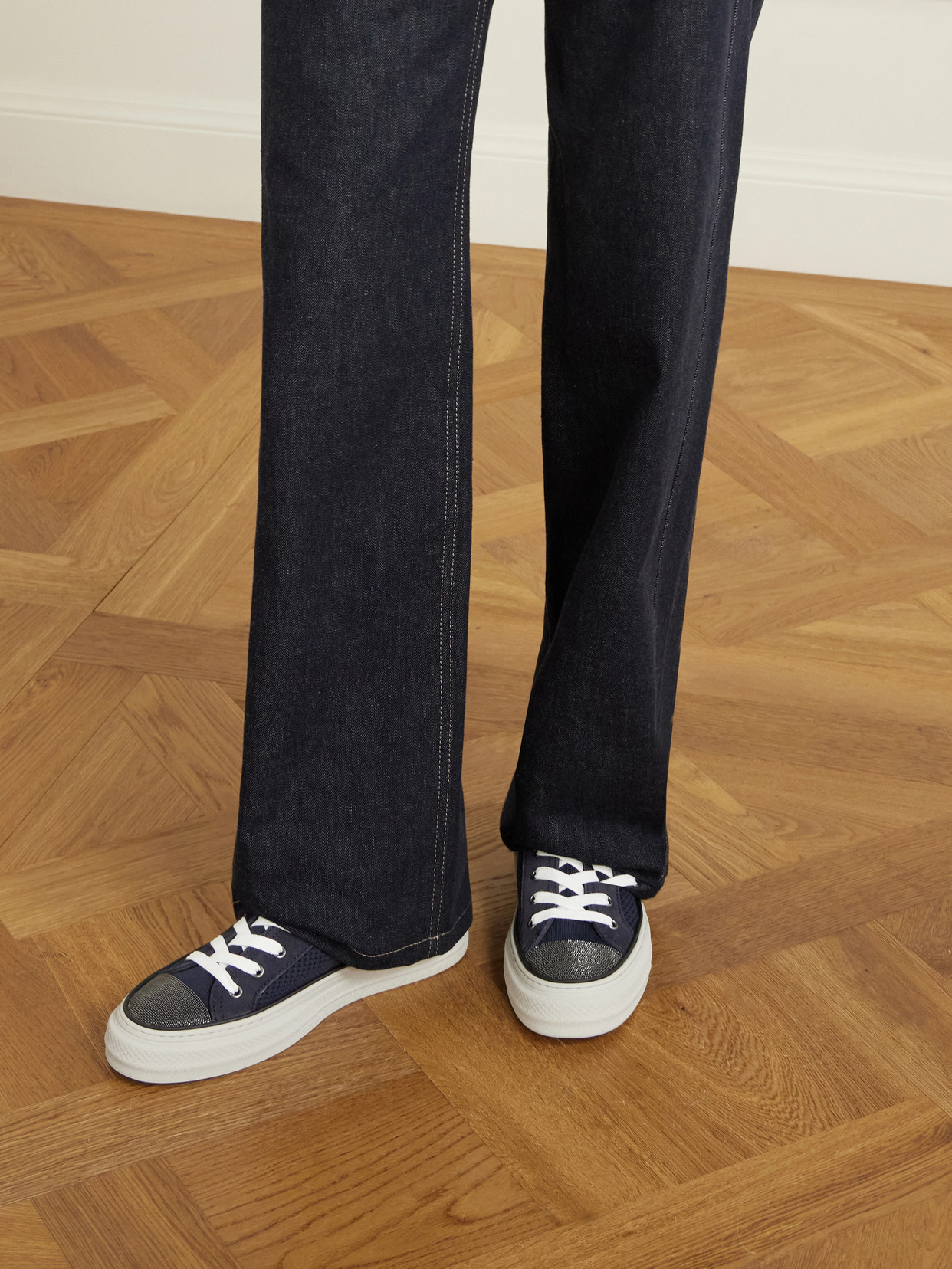 Brunello Cucinelli Bead-embellished Suede-trimmed Stretch-knit Sneakers In Blue