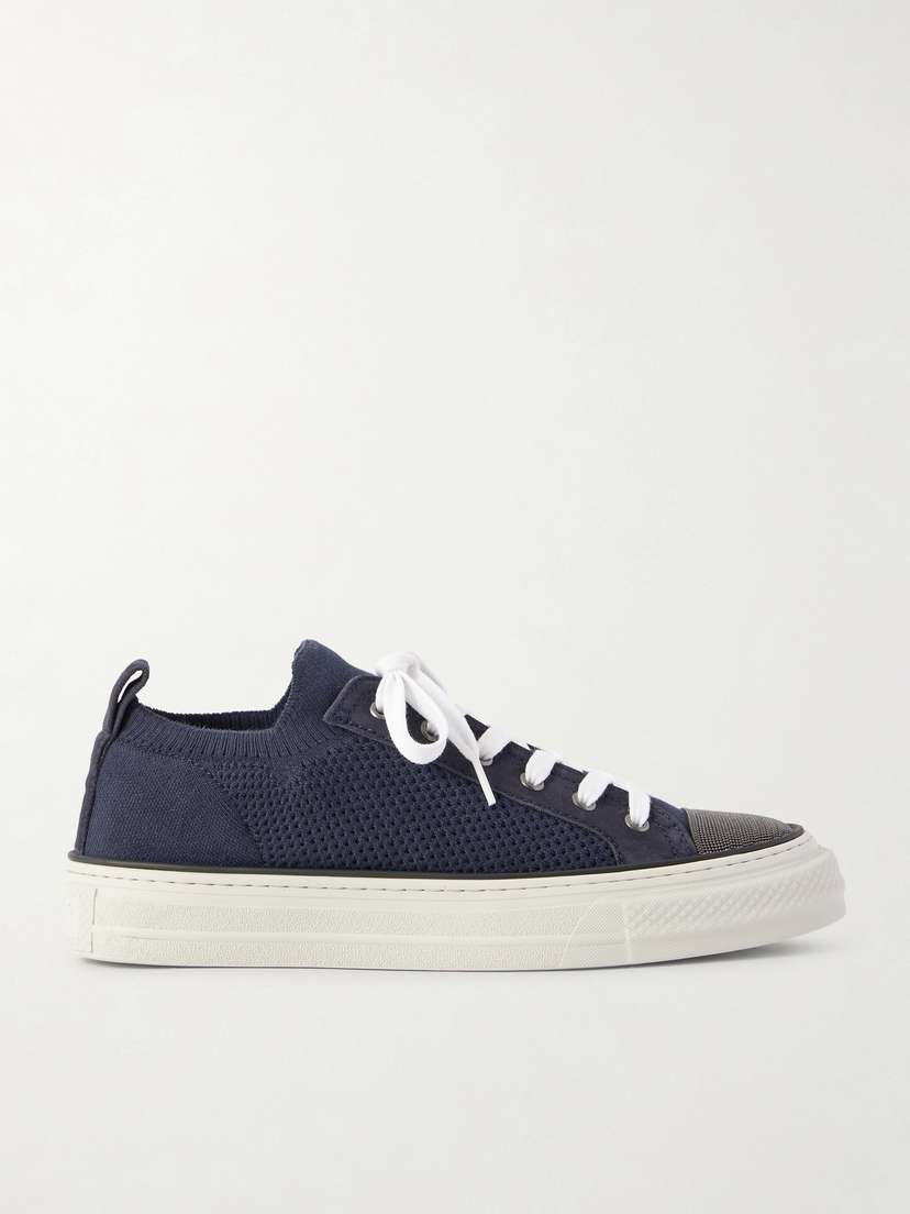 Brunello Cucinelli Bead-embellished Suede-trimmed Stretch-knit Sneakers