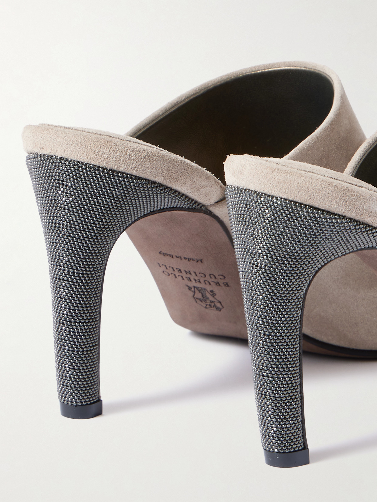 Brunello Cucinelli Bead-embellished Suede Mules In Gray