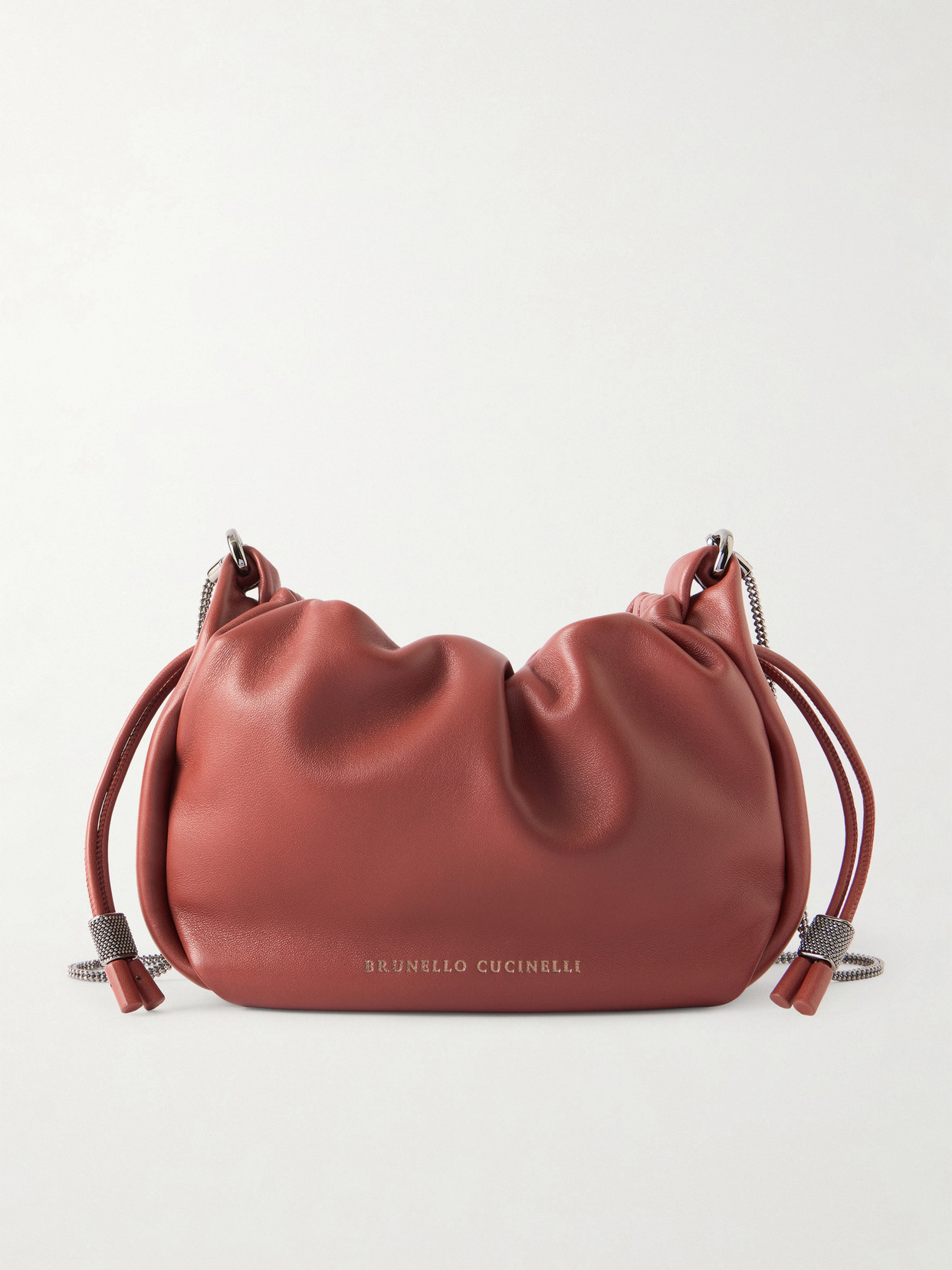 Brunello Cucinelli Mellow Mini Bead-embellished Leather Bucket Bag In Red