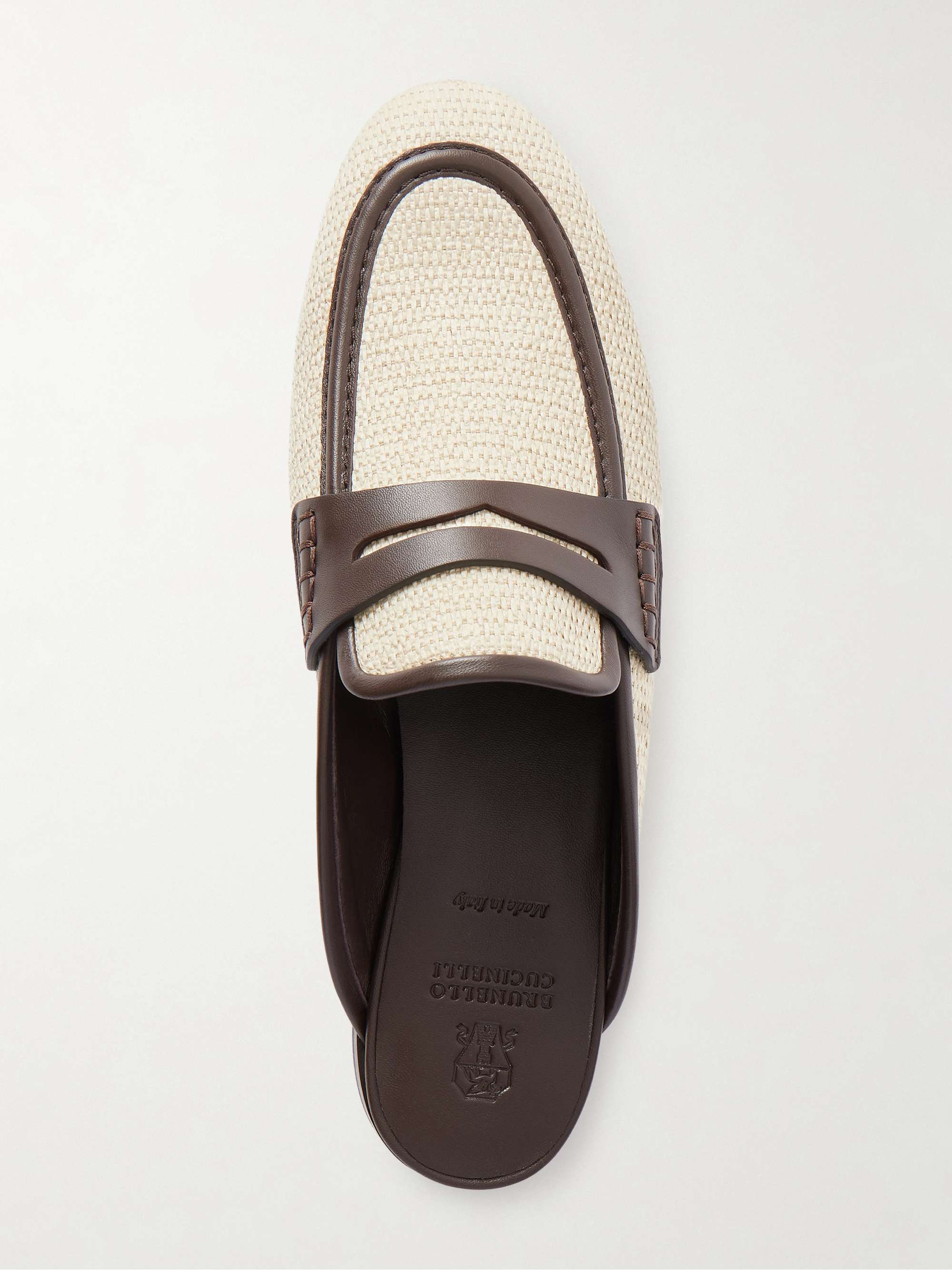 BRUNELLO CUCINELLI Leather-trimmed raffia slip-ons | NET-A-PORTER