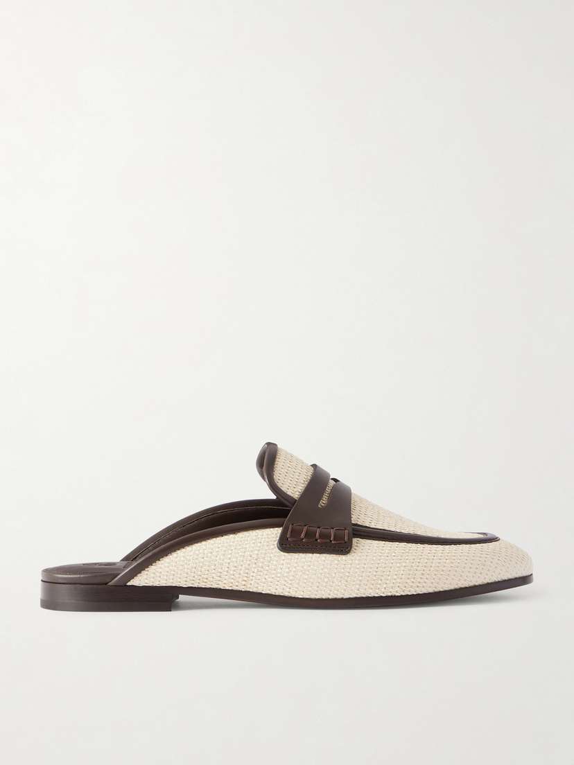 Brunello Cucinelli — Leather-trimmed raffia slip-ons