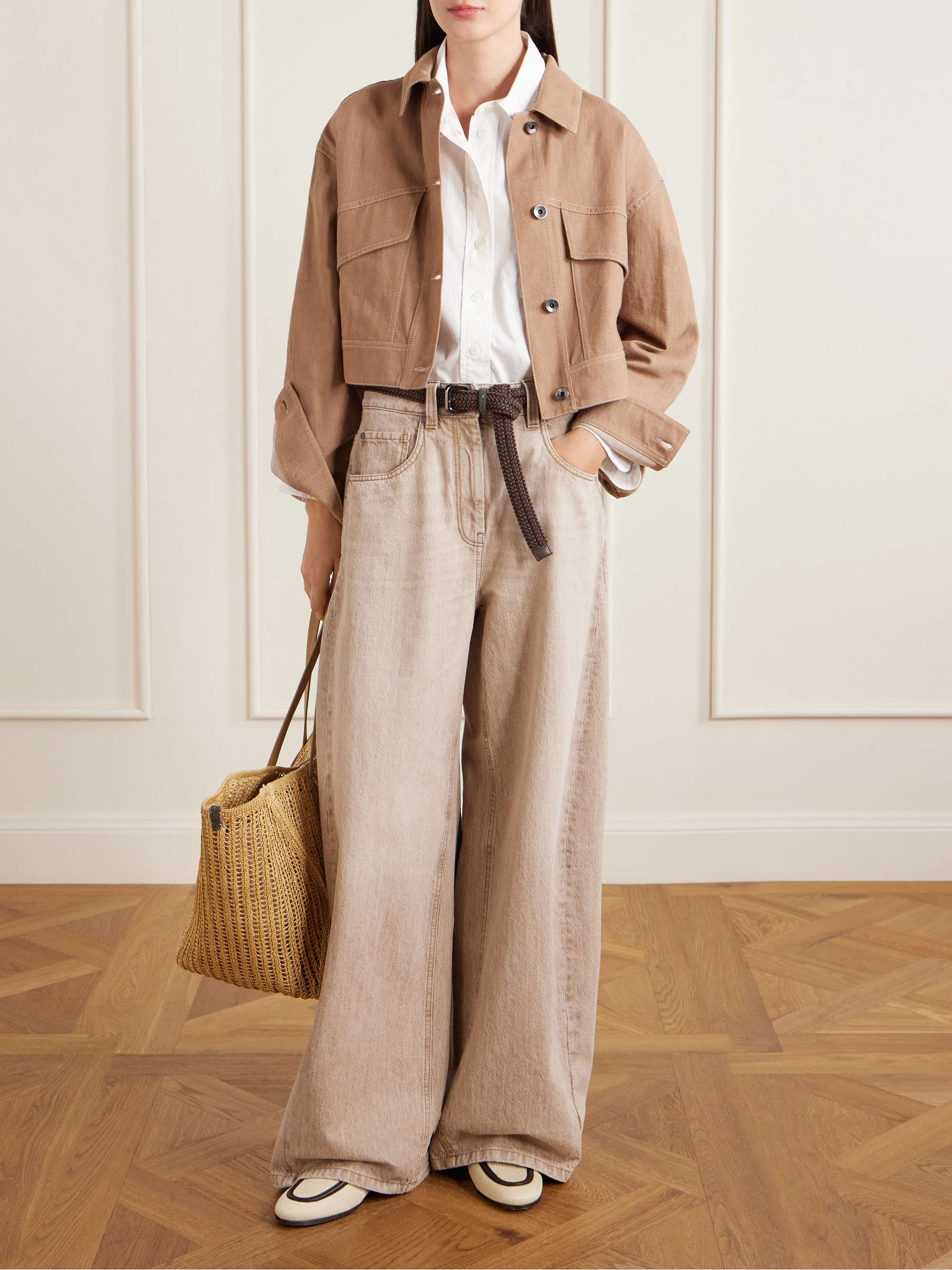 BRUNELLO CUCINELLI Leather-trimmed raffia slip-ons | NET-A-PORTER