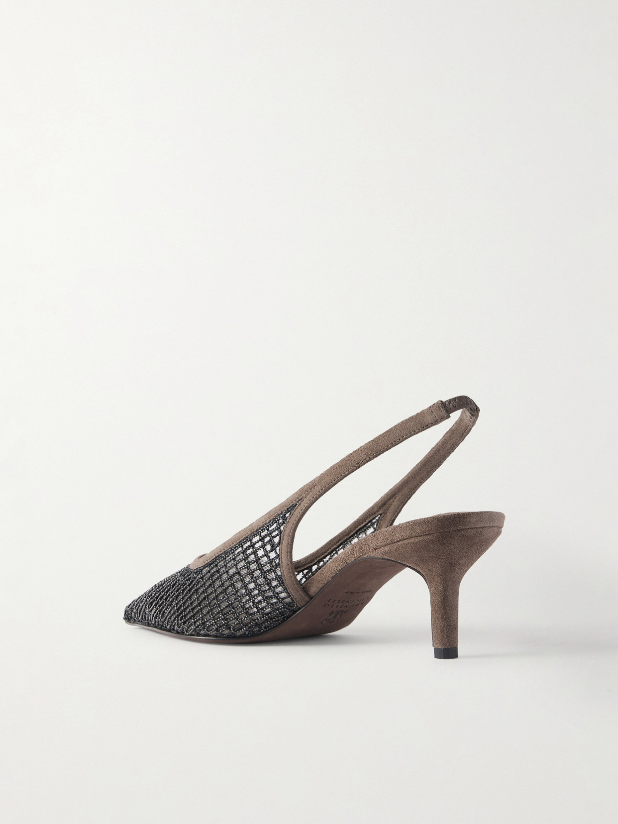 Brunello Cucinelli Embellished Suede-trimmed Mesh Slingback Pumps In Brown