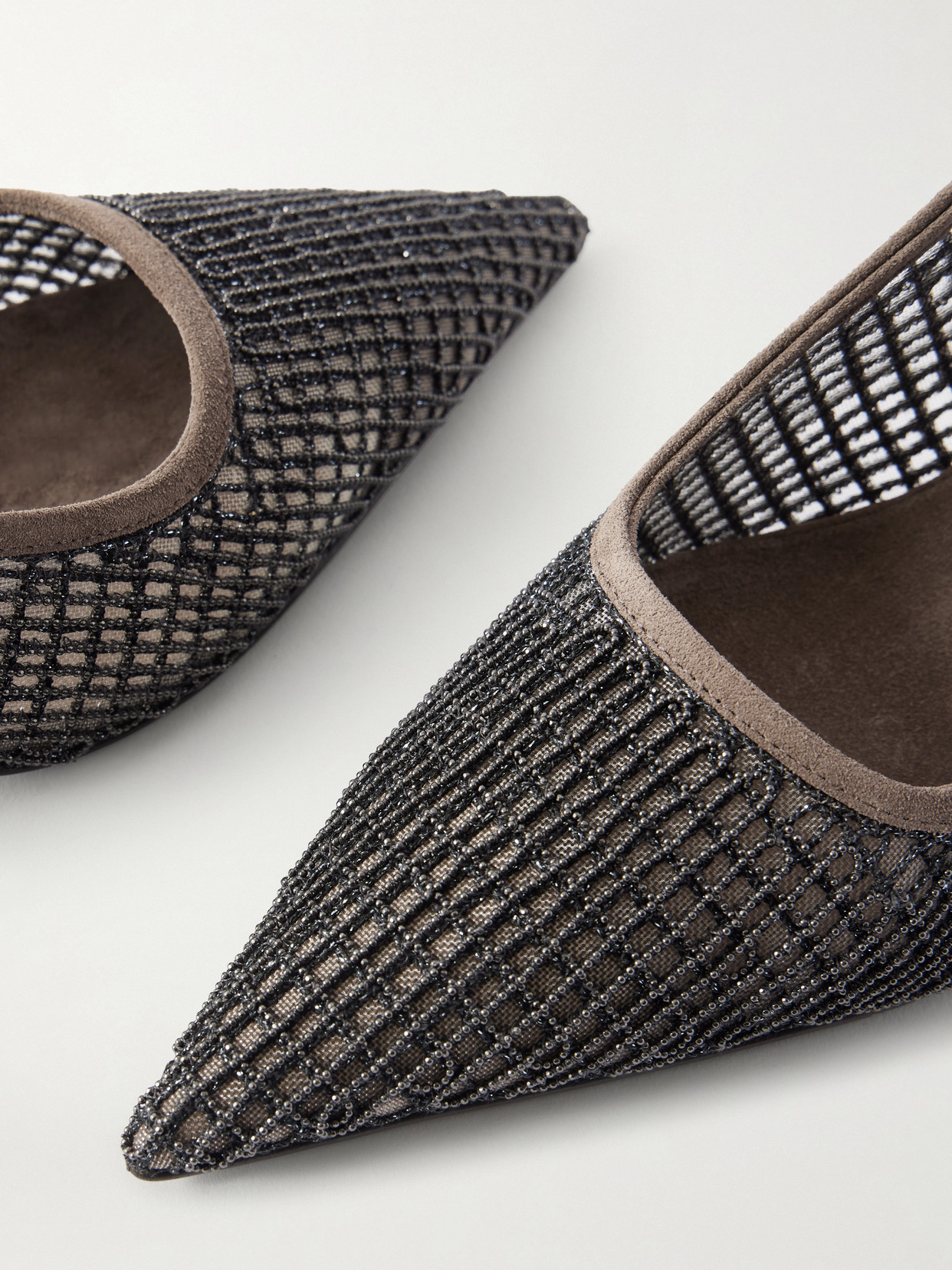 Brunello Cucinelli Embellished Suede-trimmed Mesh Slingback Pumps In Brown