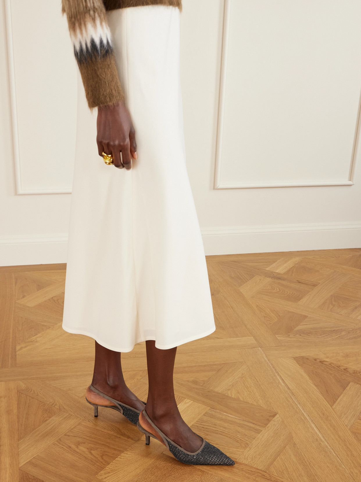 Brunello Cucinelli Embellished Suede-trimmed Mesh Slingback Pumps In Brown