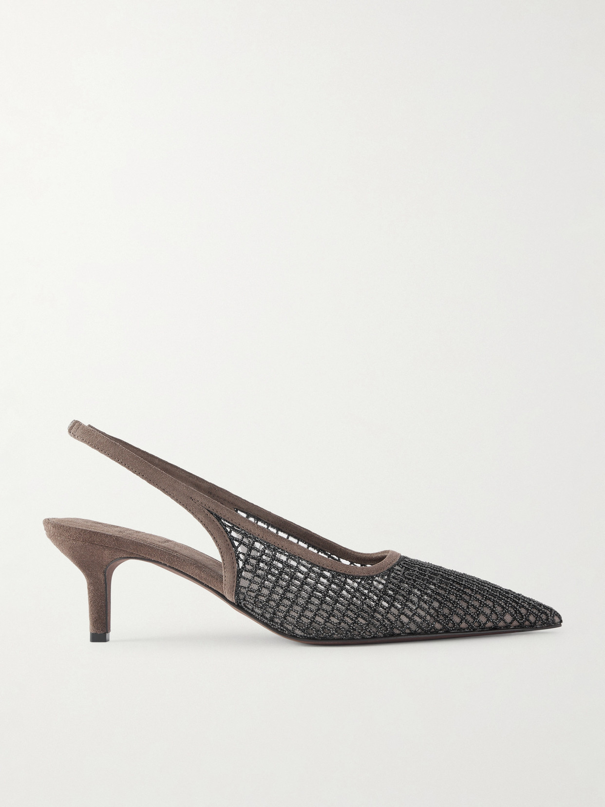 Brunello Cucinelli Embellished Suede-trimmed Mesh Slingback Pumps In Brown