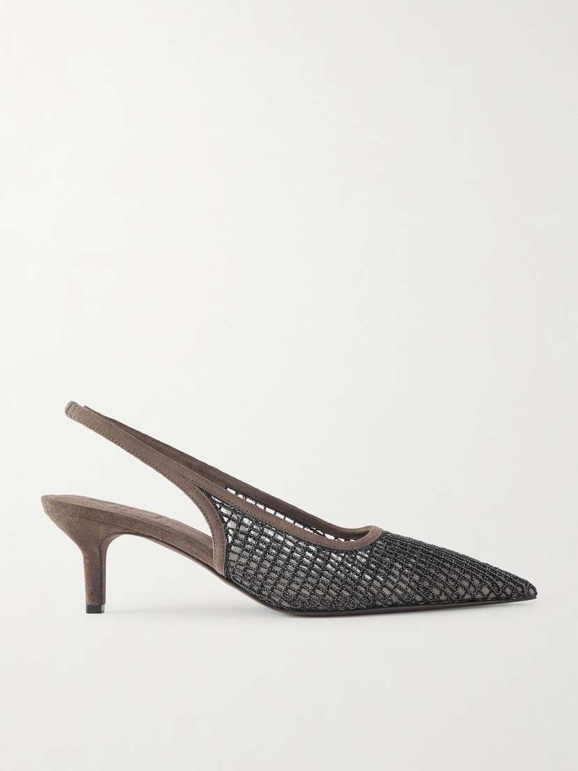 Brunello Cucinelli — 55 Embellished suede-trimmed mesh slingback pumps
