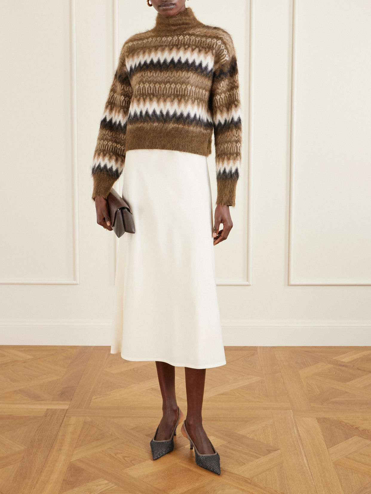 Brunello Cucinelli Embellished Suede-trimmed Mesh Slingback Pumps In Brown