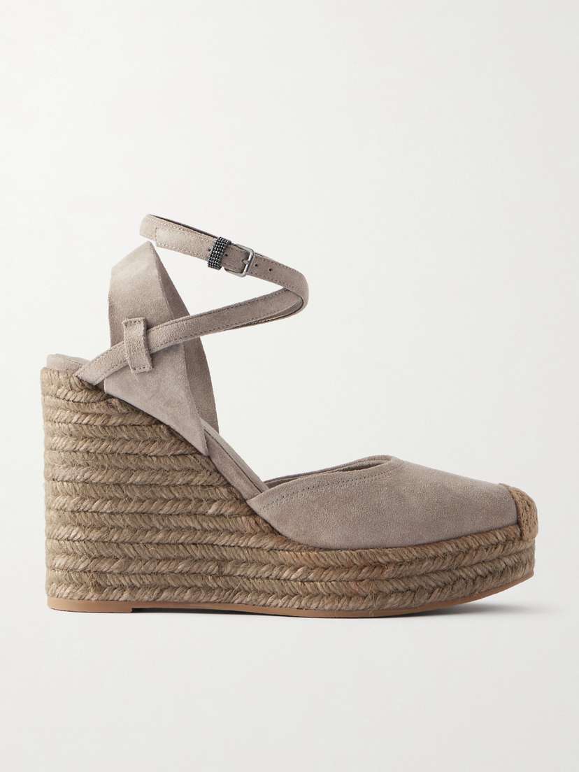 Brunello Cucinelli Embellished Suede Platform Wedge Espadrille Sandals