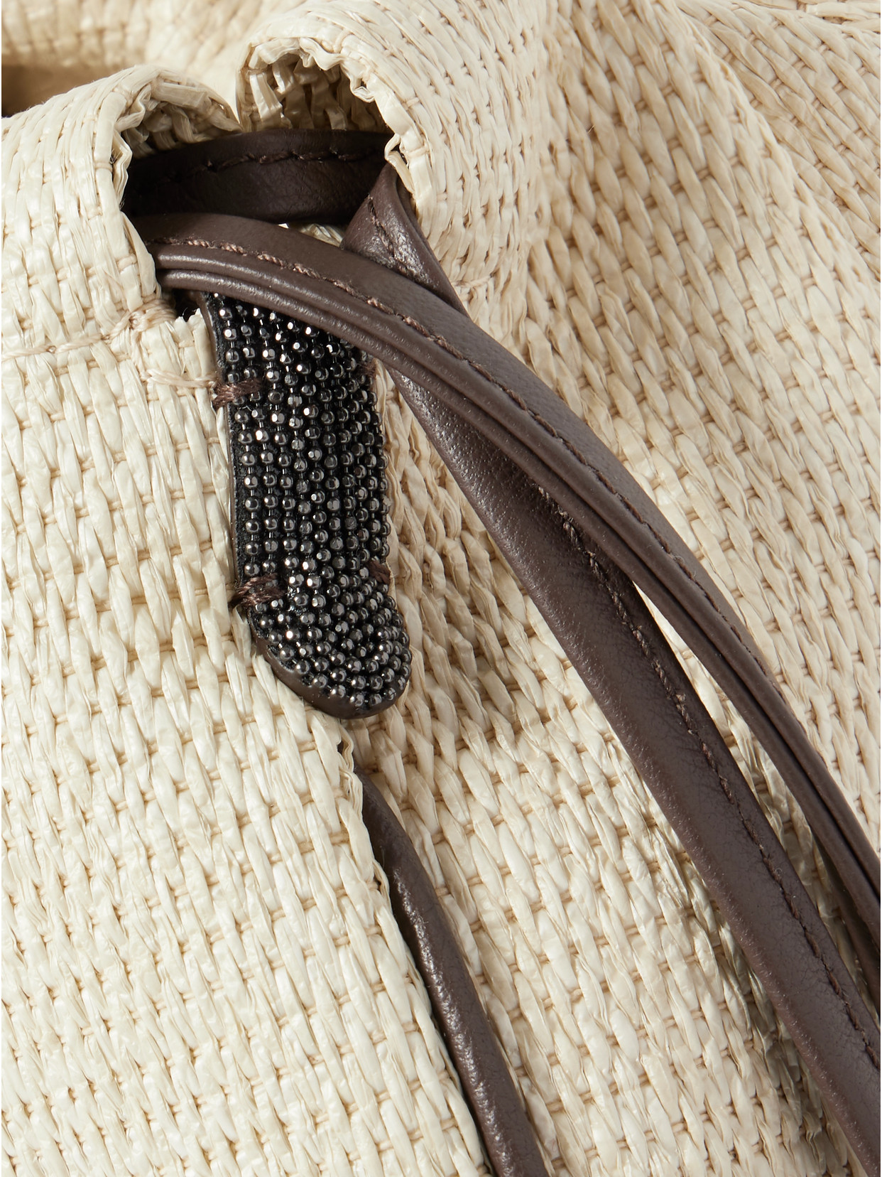 Brunello Cucinelli Embellished Leather-trimmed Raffia Shoulder Bag In White