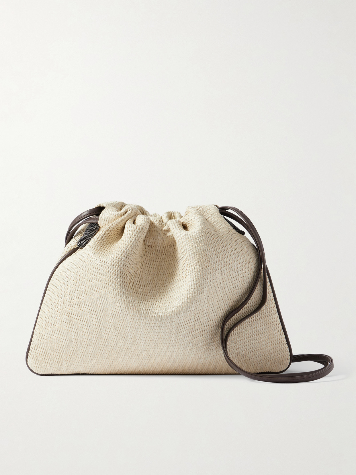 Brunello Cucinelli Embellished Leather-trimmed Raffia Shoulder Bag In White
