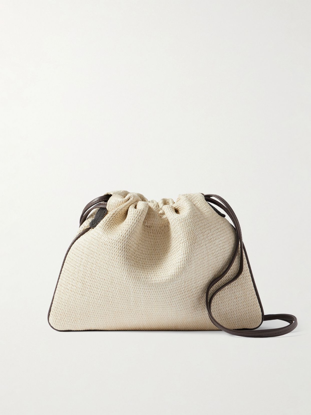 Embellished leather-trimmed raffia shoulder bag