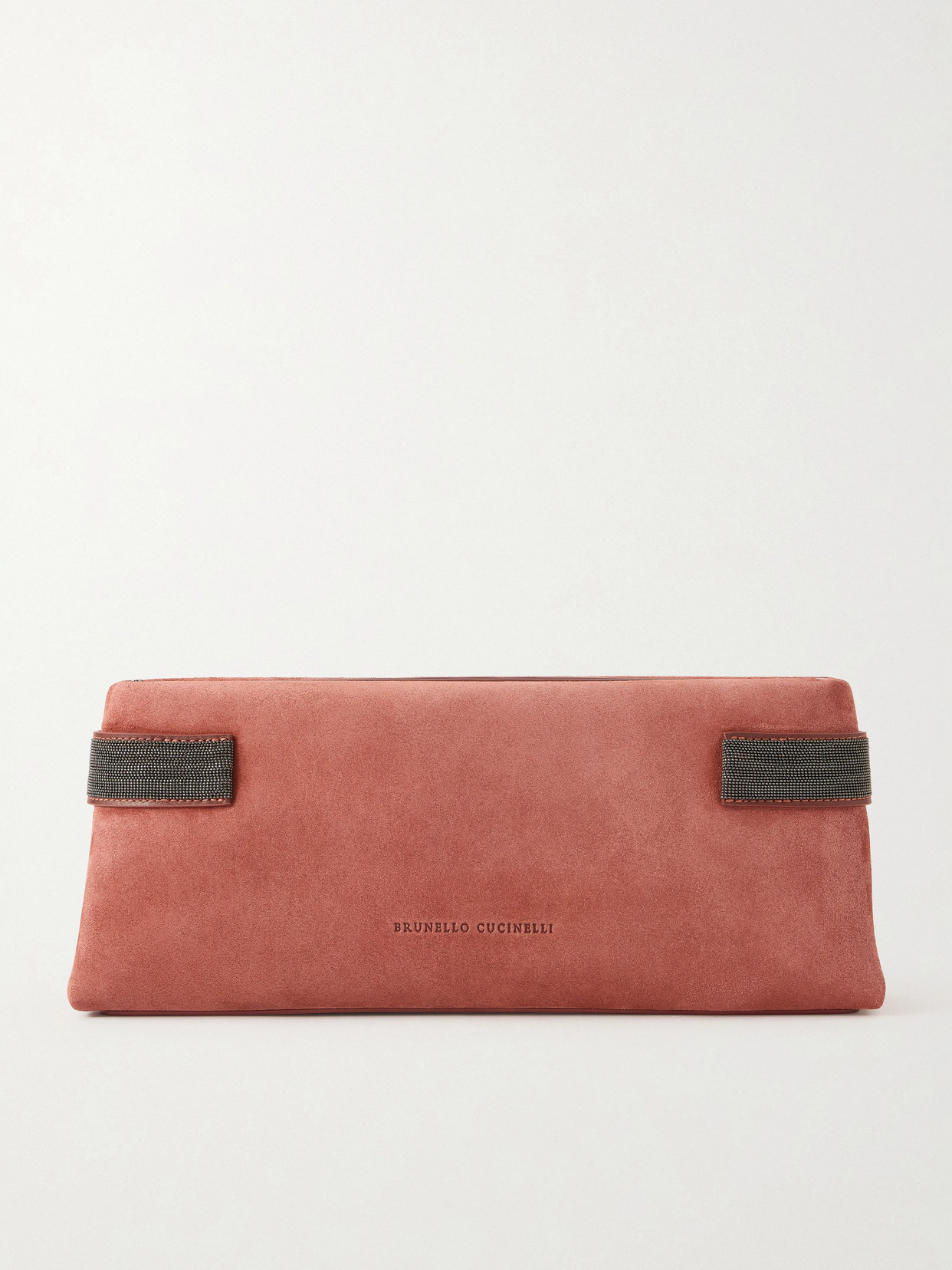 Brunello Cucinelli Essence Bead-embellished Leather-trimmed Suede Clutch In Red