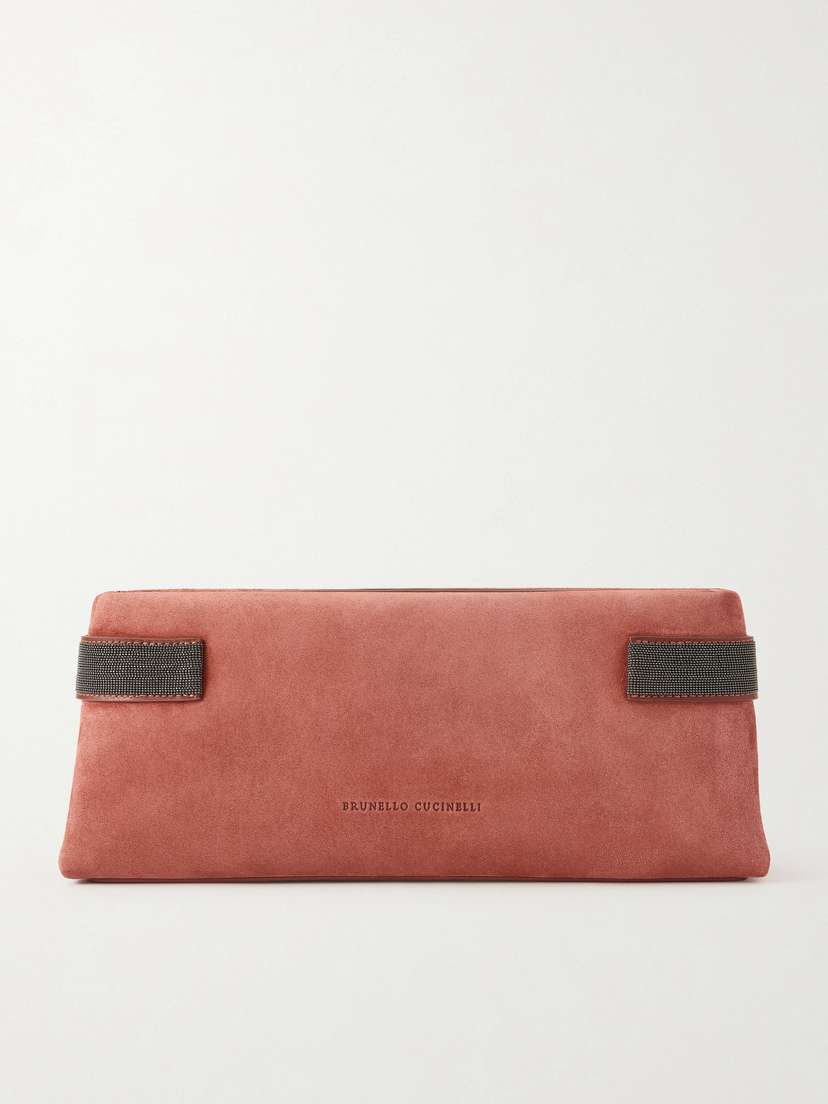 Brunello Cucinelli Essence Bead-embellished Leather-trimmed Suede Clutch