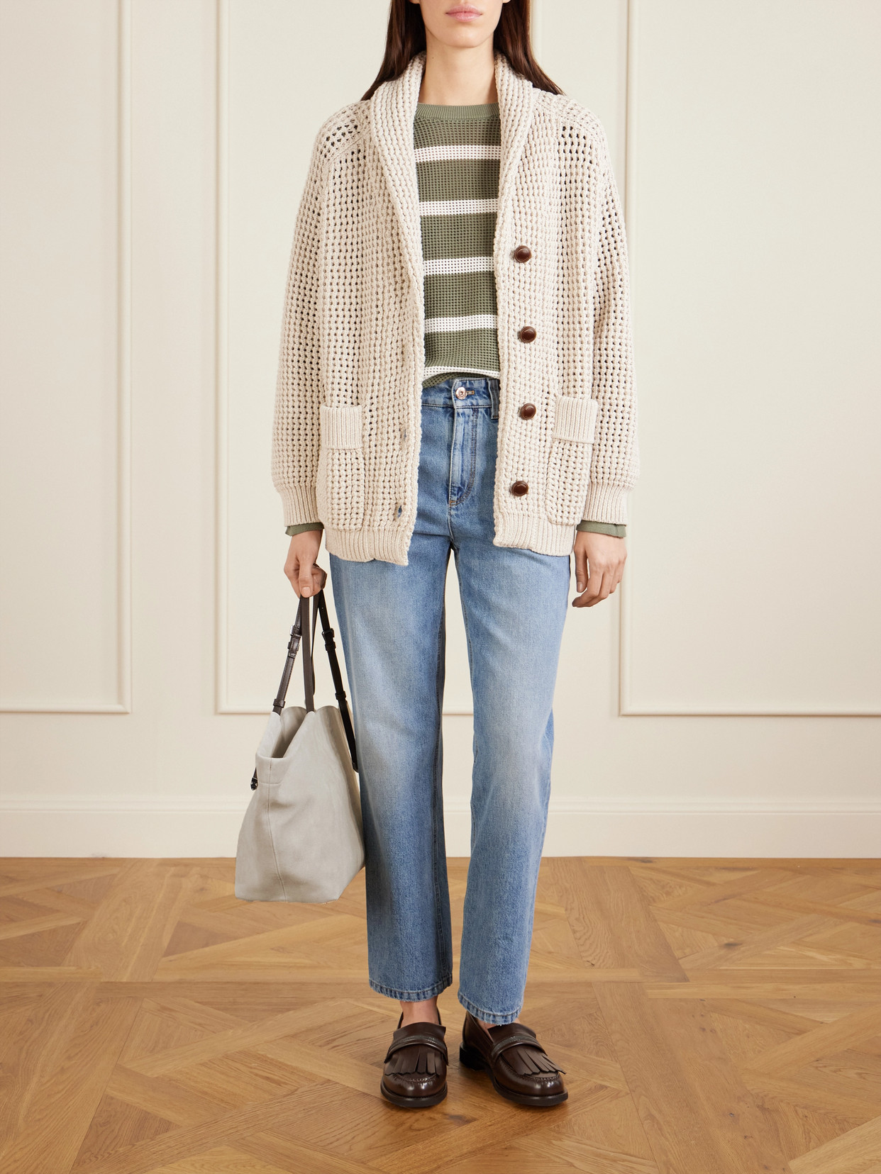 Leather-Trimmed Suede Tote