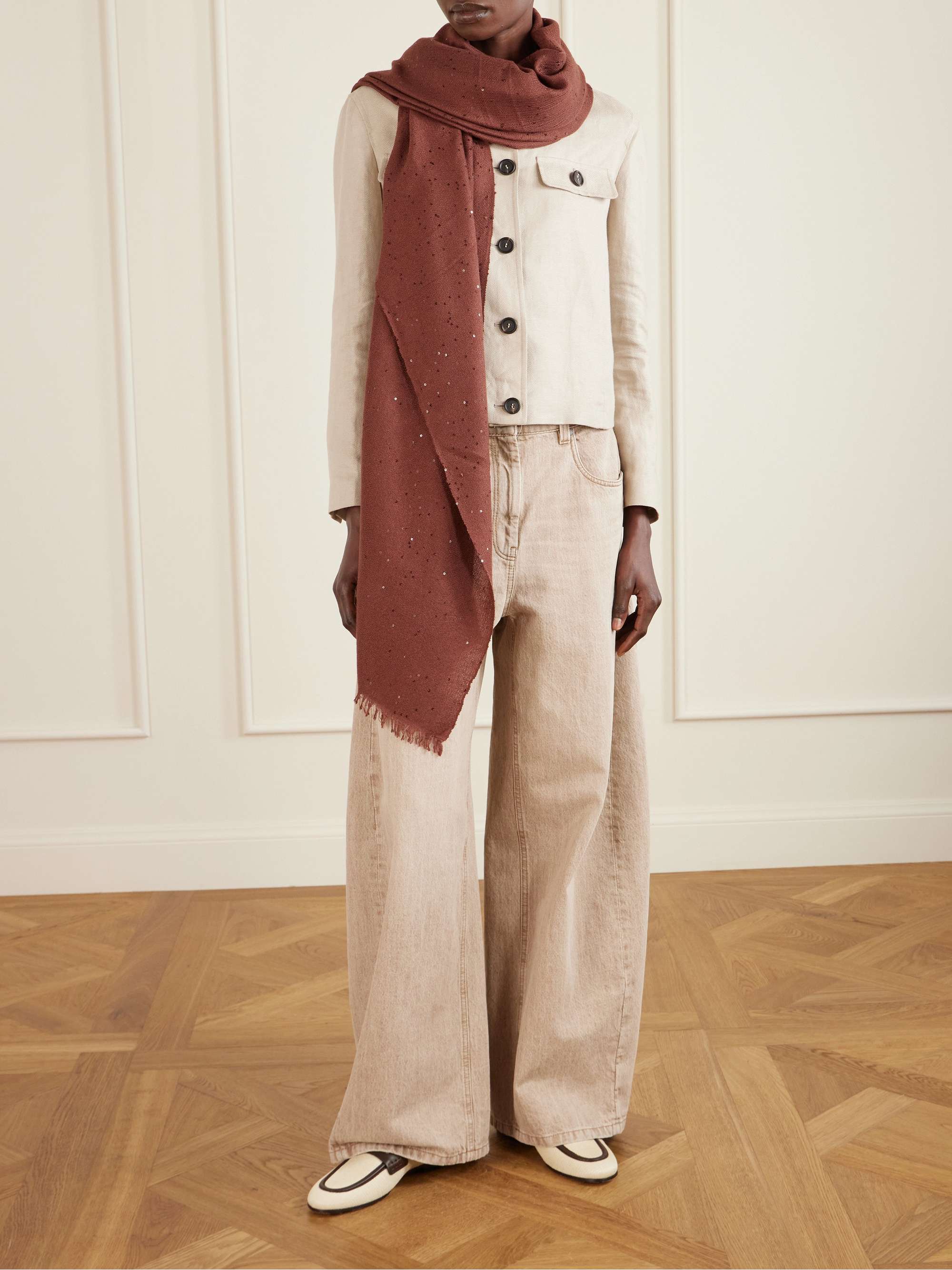 BRUNELLO CUCINELLI Sequined cashmere and silk-blend scarf