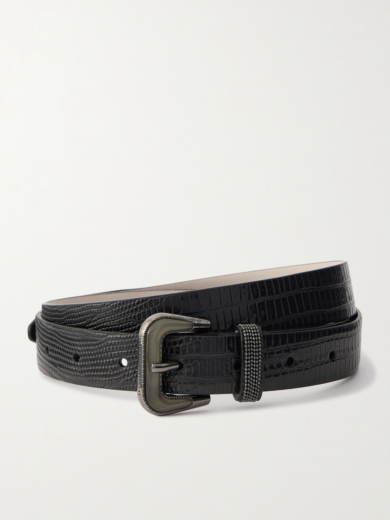 Brunello Cucinelli Lizard-effect Patent-leather Belt In Black
