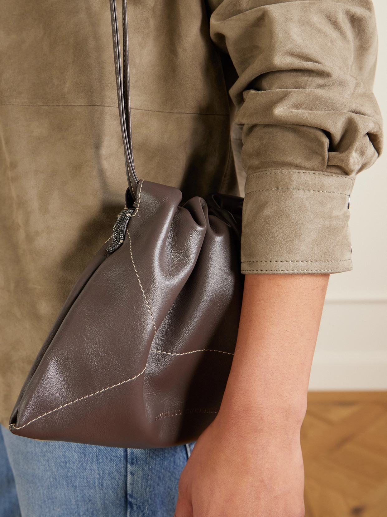 Brunello Cucinelli Embellished Leather Shoulder Bag In Brown