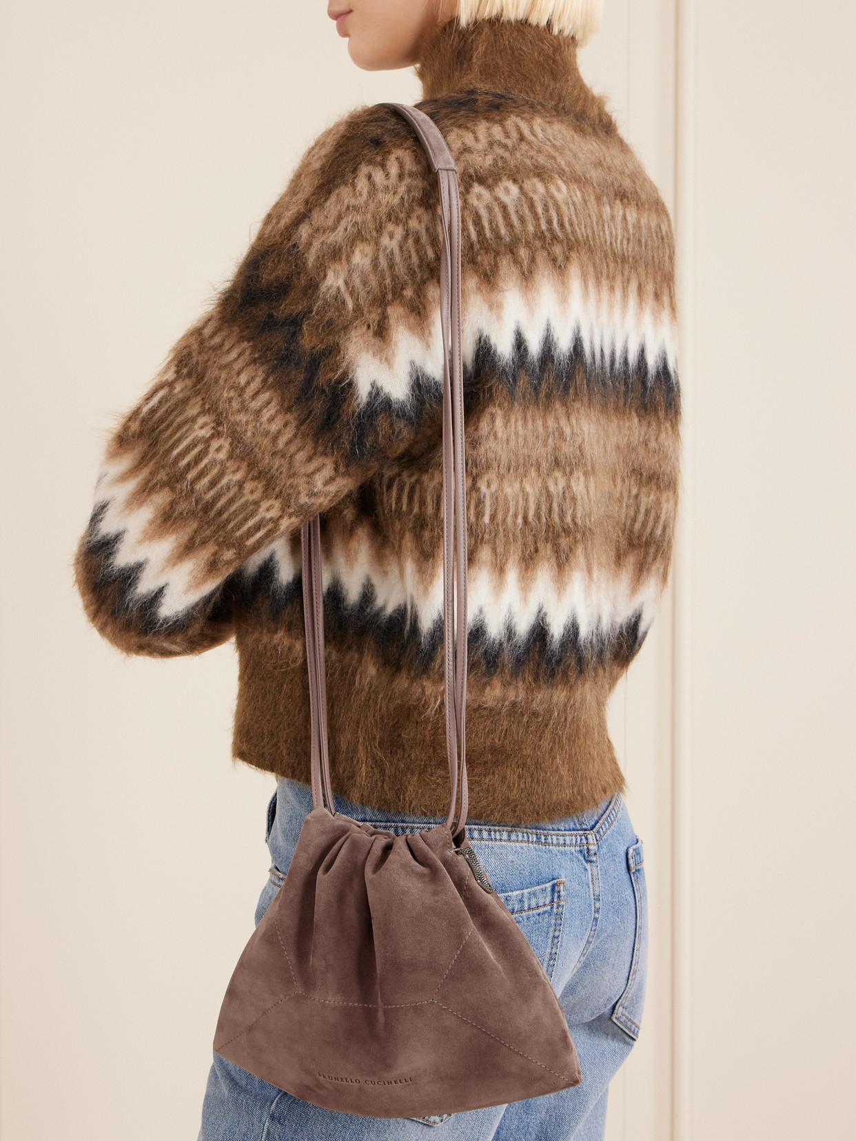 Brunello Cucinelli Bead-embellished Suede Shoulder Bag In Brown