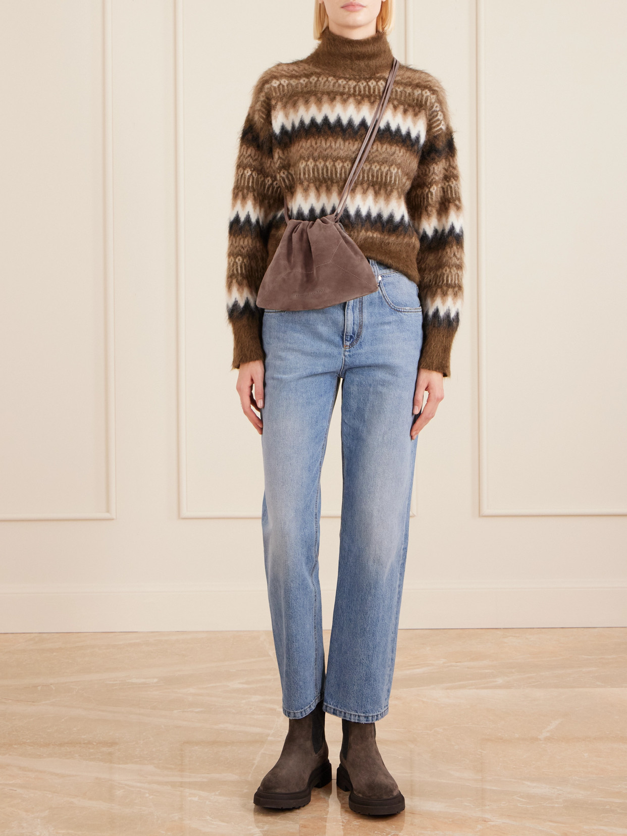 Brunello Cucinelli Bead-embellished Suede Shoulder Bag In Brown