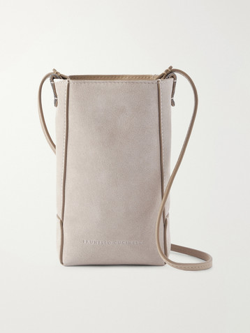 Brunello Cucinelli Embellished leather-trimmed suede pouch