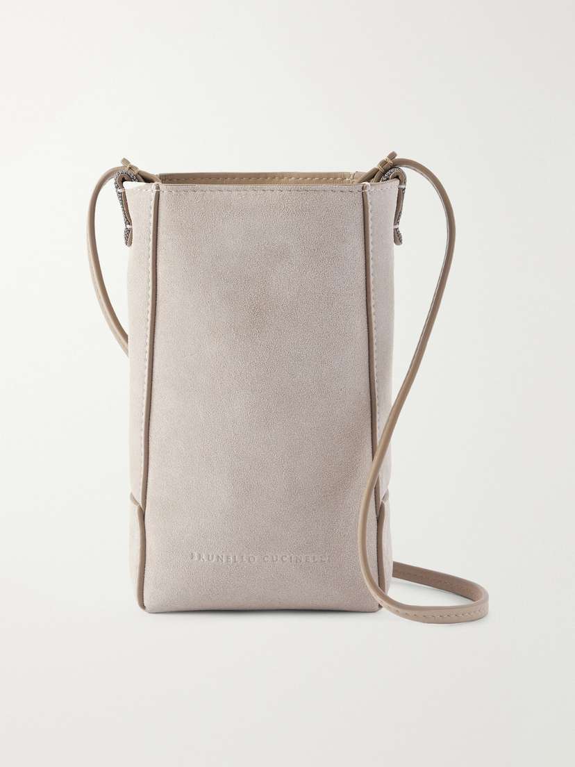 Brunello Cucinelli — Embellished leather-trimmed suede pouch