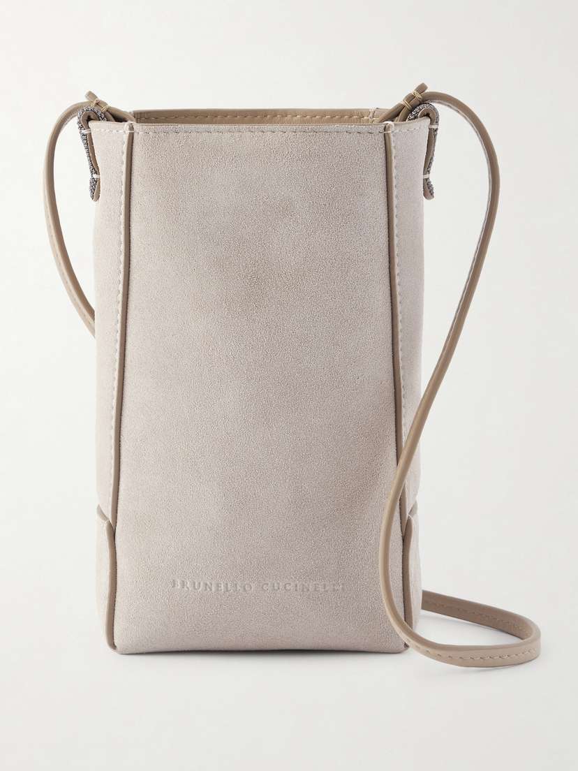 Brunello Cucinelli Embellished Leather-trimmed Suede Pouch