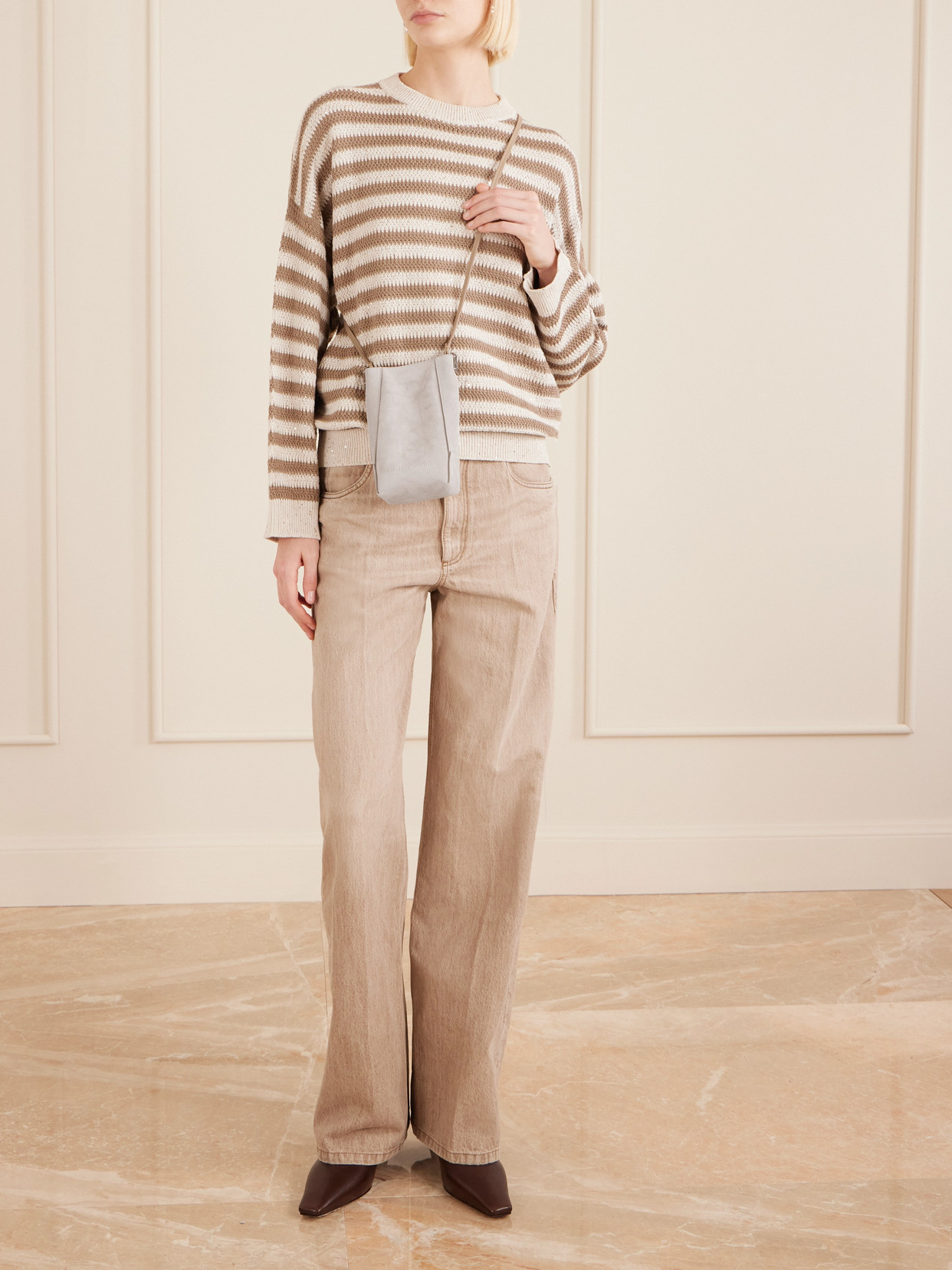 Brunello Cucinelli Embellished Leather-trimmed Suede Pouch In Gray