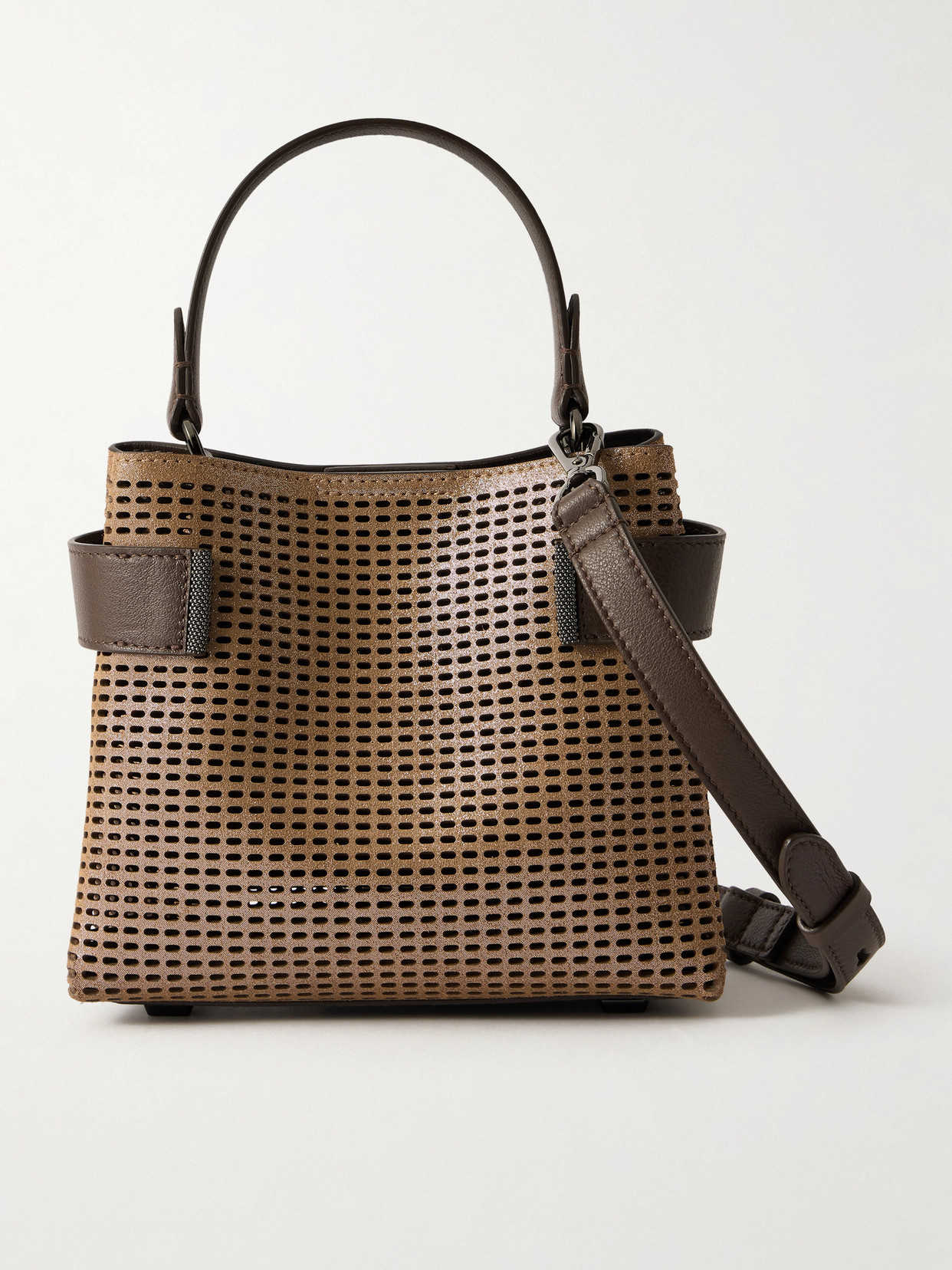 Brunello Cucinelli Essence Small Bead-embellished Perforated Metallic Leather Shoulder Bag In Brown