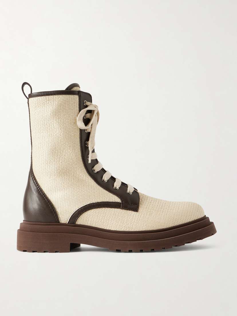 Brunello Cucinelli Lace-up Leather-trimmed Raffia Boots