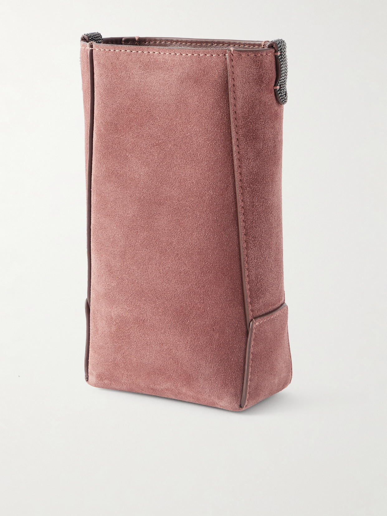 Brunello Cucinelli Embellished Leather-trimmed Suede Pouch In Burgundy