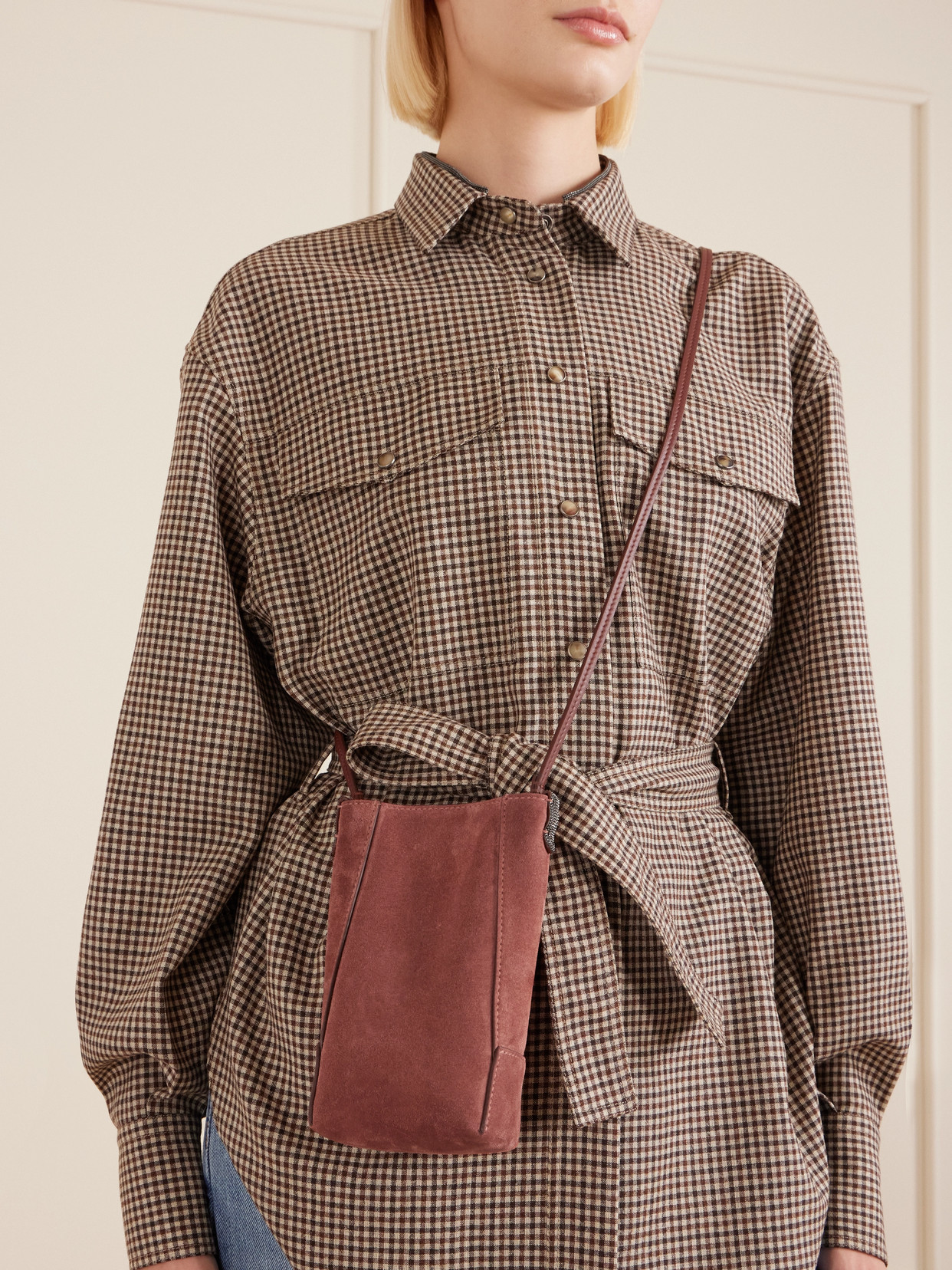 Brunello Cucinelli Embellished Leather-trimmed Suede Pouch In Burgundy