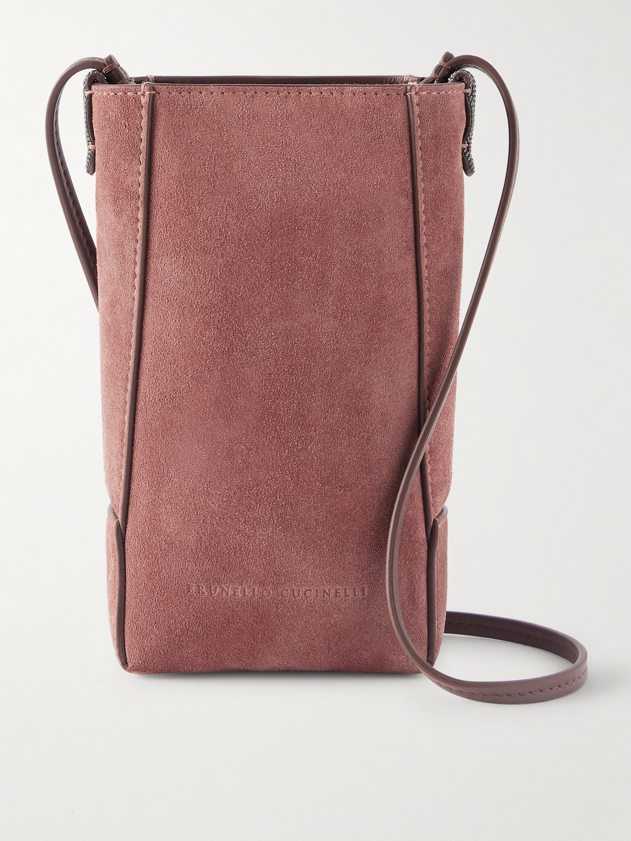 Brunello Cucinelli Embellished Leather-trimmed Suede Pouch In Burgundy