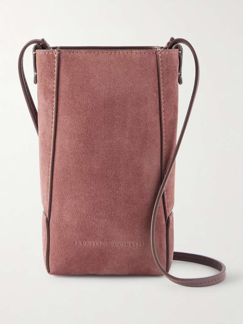Brunello Cucinelli Embellished Leather-trimmed Suede Pouch