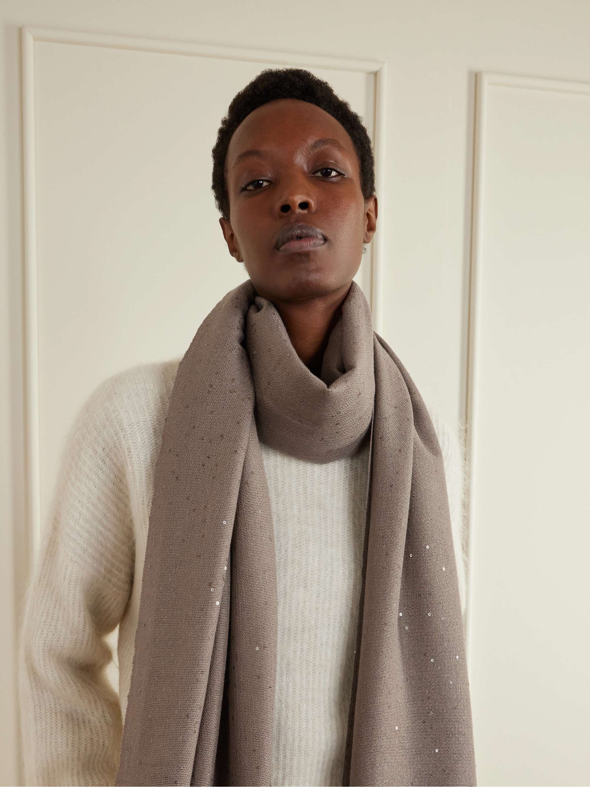 BRUNELLO CUCINELLI Sequined cashmere and silk-blend scarf | NET-A