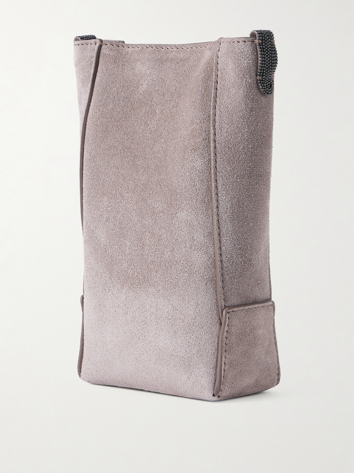 Brunello Cucinelli Embellished Leather-trimmed Suede Pouch In Brown