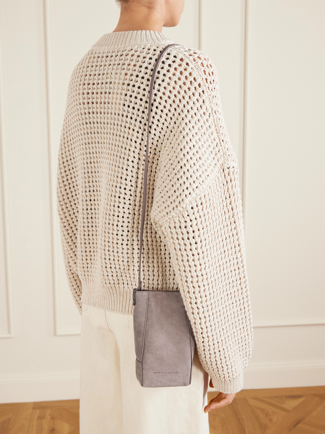 Brunello Cucinelli Embellished Leather-trimmed Suede Pouch In Brown