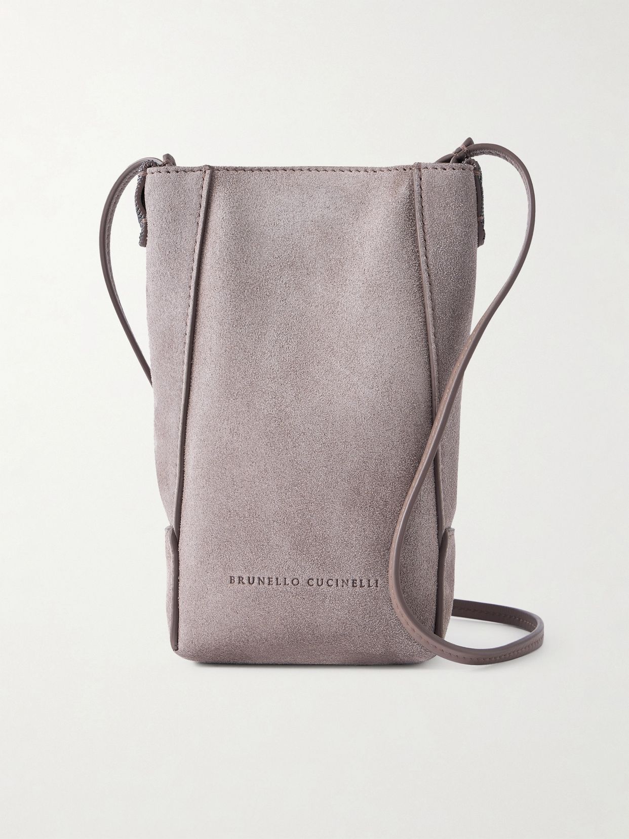 Embellished leather-trimmed suede pouch