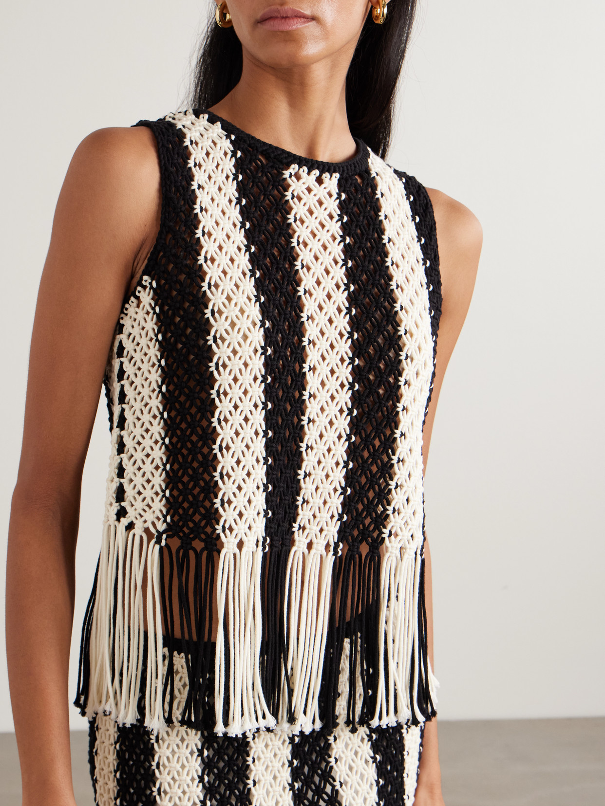 Zimmermann Wanderlust Fringed Striped Macramé Cotton Top In Black